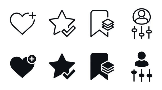 User interface and social media interaction icon set with interface interaction favorite bookmark settings elements