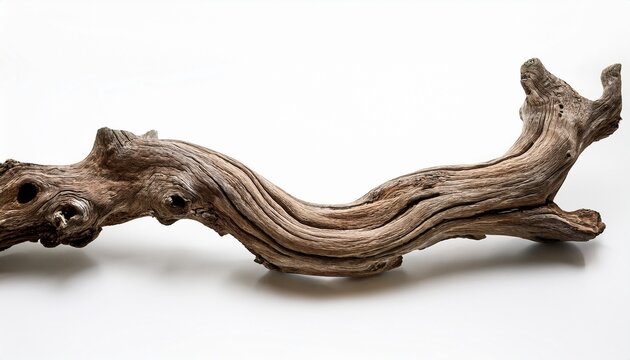 old weathered driftwood branch isolated on a white background with textured bark and twisted wooden structure perfect for aquarium decor or rustic home design concepts