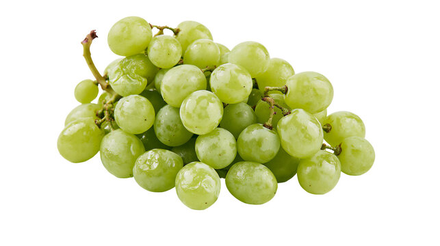 Cluster of ripe green grapes with stem, isolated on transparent background