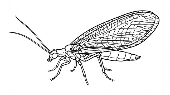 Green lacewing insect illustration. Detailed line art drawing of a winged neuroptera bug.