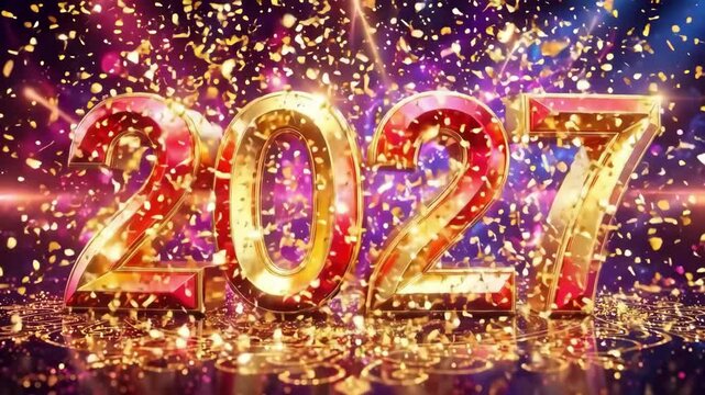 Stylized 2027 numerals in gold and red on purple sparkling background. New Year 2027 celebration graphic. Festive design for holiday greetings and zodiac year of the goat