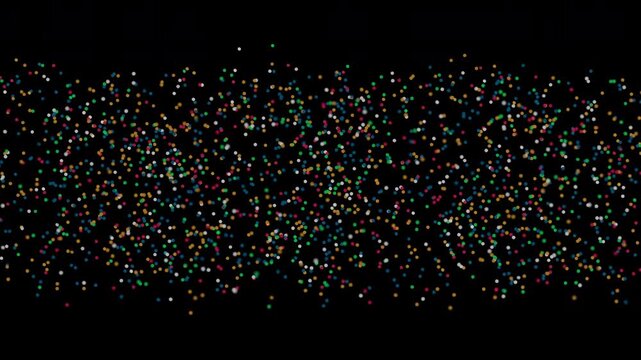 Vibrant tiny dots scatter horizontally across the deep dark frame