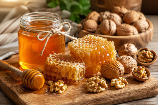 A wooden board holds a glass jar of golden honey, sweet honeycomb pieces, a wooden dipper, and fresh whole walnuts