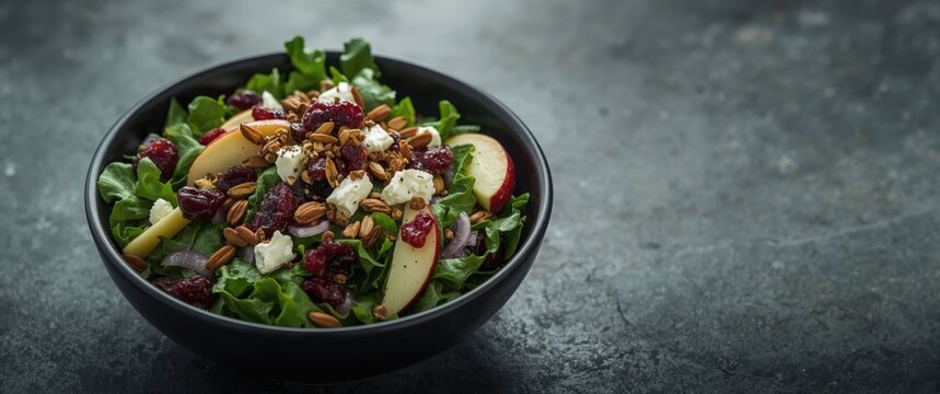 Fresh Salad with Apples Nuts and Cranberries in a Black Bowl on Dark Background