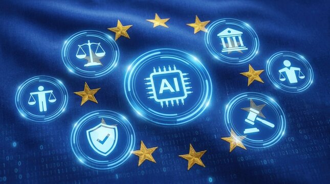 Artificial intelligence law and justice icons on European Union flag background.