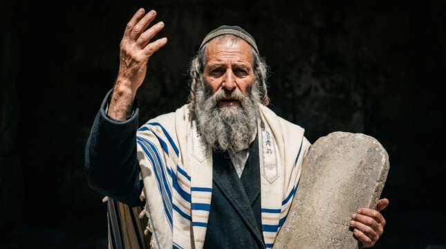 An elderly jewish man with a long grey beard and peyot holding a stone tablet and raising his hand in a dark setting