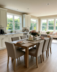 Fototapeta premium Bright kitchen dining area with large windows, wooden table, beige chairs, floral centerpiece, natural light, and cozy open concept home