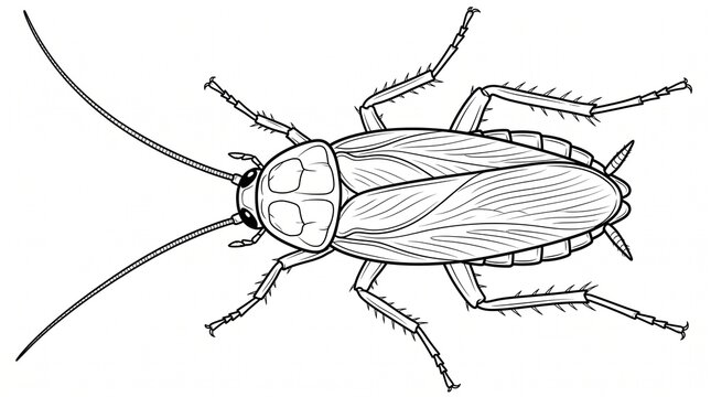 Cockroach line art illustration. Detailed black and white drawing of a common house pest.
