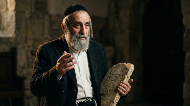 An elderly jewish man with a long grey beard and peyot holding a stone tablet and raising his hand in a dark setting
