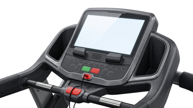 Modern treadmill console with blank screen, professional gym running machine dashboard, fitness equipment interface for cardio workout isolated PNG with Transparent Background