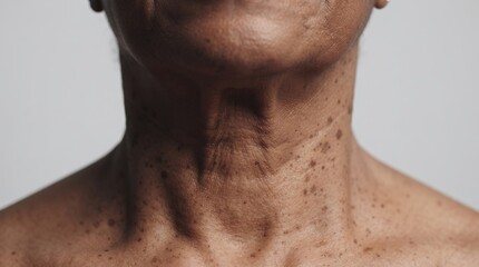 Naklejka premium Close up of a person's neck and chest displaying multiple seborrheic keratoses, skin tags, or hyperpigmentation spots.