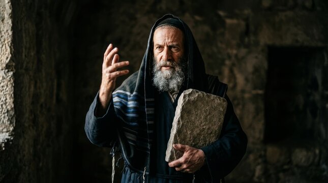 An elderly jewish man with a long grey beard and peyot holding a stone tablet and raising his hand in a dark setting