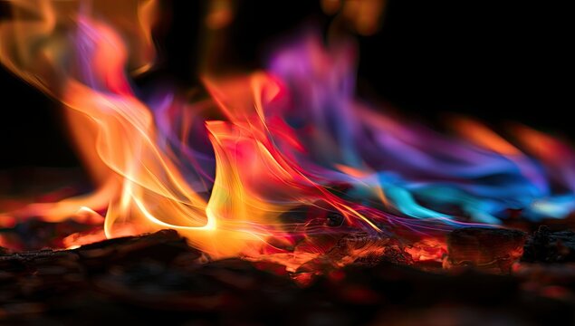 Vibrant, multicolored flames dance and swirl over glowing embers, creating a spectacle of light