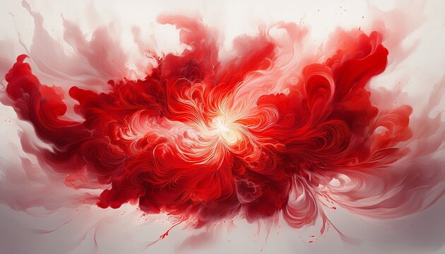 abstract red smoke explosion with dynamic swirling patterns and glowing core on white background dramatic and intense