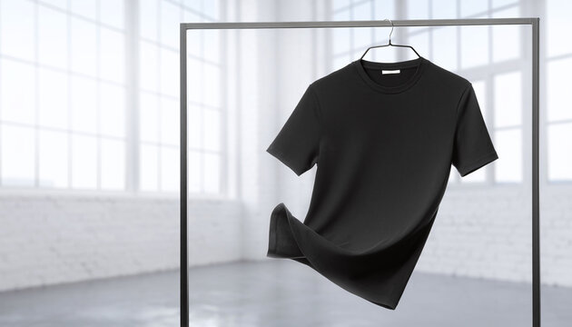Blank black tshirt floating dynamically on a metal hanger in a modern bright studio. Clean minimalist apparel mockup with nobody present, ideal for fashion design presentation.