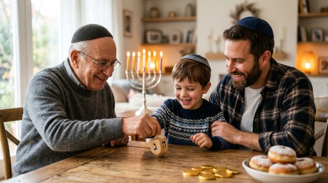 Multi-generational jewish family celebrating hanukkah at home, playing dreidel together, with menorah and gelt on table