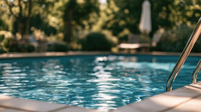 Refreshing blue pool water, metal ladder, blurred green garden background