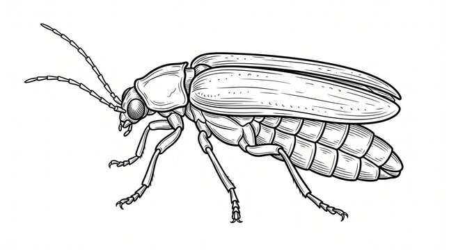 Firefly line art illustration. Detailed black and white drawing of a glowing lightning bug.