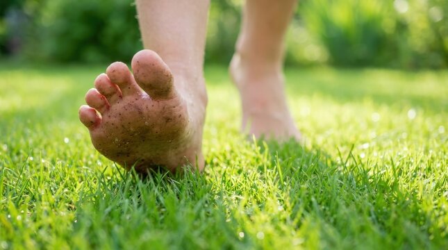 Barefoot person walking on green grass in sunlight.
