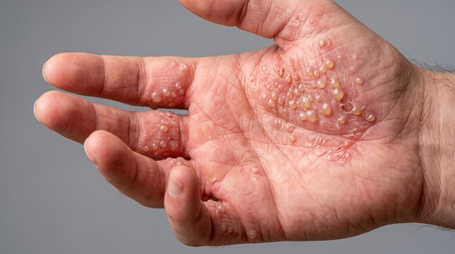 Severe dyshidrotic eczema pompholyx with multiple fluid filled blisters on human palm