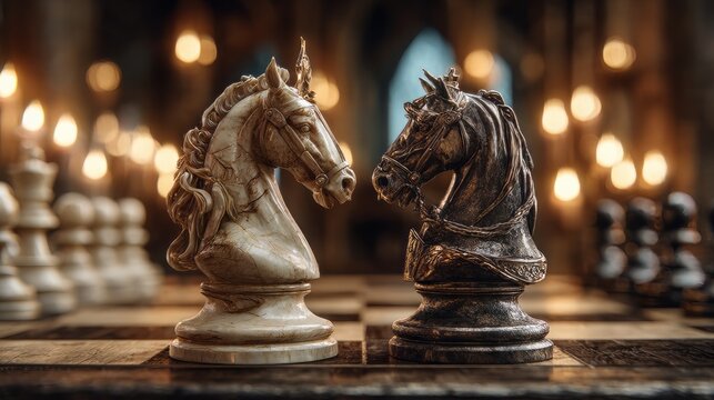 Two detailed knight chess pieces, one black and one white, facing each other with ornate shields. Symbolize opposition of chess game, conflict strategy.