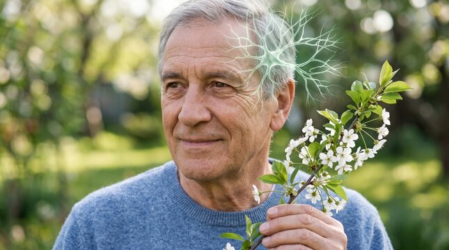 Senior man holding blooming cherry branch with digital brain neuron hologram glowing near head. Concept of mental health, memory, cognitive function and healthy aging in elderly.