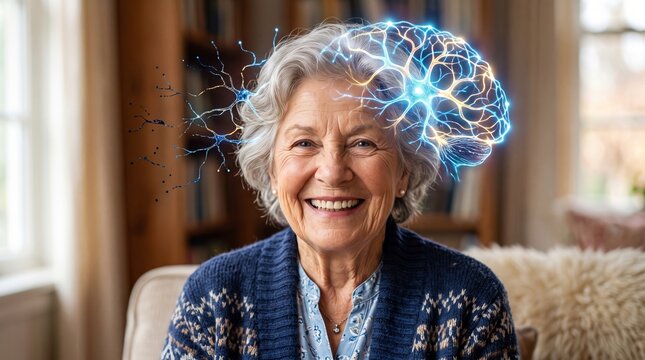 Senior woman with glowing digital brain model. Concept of cognitive health, mental sharpness and active aging. Neuroscience, technology and intelligence in elderly people lifestyle.