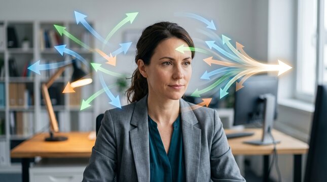 Woman office worker choosing between different directions of development. Strategic decision making concept. Colorful arrows representing options, business planning and success analysis.