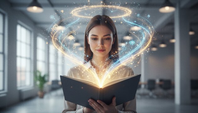 Woman reading magic book with holographic glowing icons. Student learning with digital data visualization. Knowledge and education concept in modern office. Intellectual growth and fantasy.