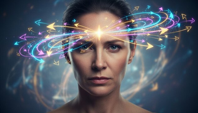 Woman with glowing arrows around head representing focus and complex thinking. Digital brain visualization of mental processing and brainstorming ideas. Future cognitive development concept.