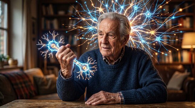 Senior man observing glowing digital neural network model in home study. Concept of neuroscience, brain health, memory, and cognitive science. Advanced medical technology, artificial intelligence.
