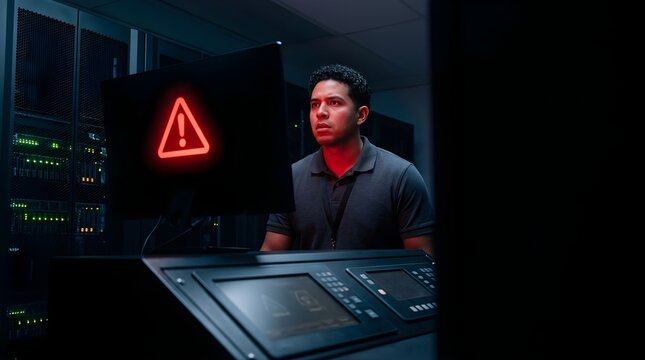 IT technician monitoring server room security alert on computer screen
