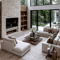 Obraz premium Modern luxury living room with large windows, beige sofa, stone fireplace, glass coffee table, and garden view, creating cozy elegant atmosphere