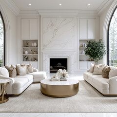 Obraz premium Elegant luxury living room with marble fireplace, white sofa, gold accents, large windows, neutral decor, and modern high end style