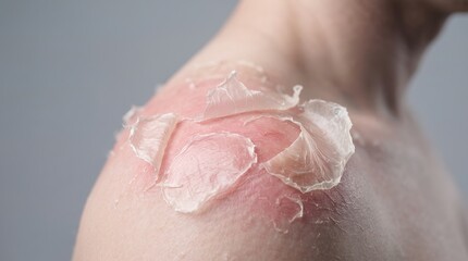 Fototapeta premium Severe sunburn peeling on male shoulder with large flakes of dead skin peeling off