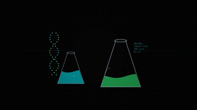 Animated science laboratory flasks with DNA strand and bubbling liquid