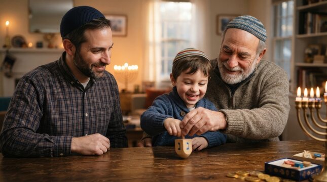 Multi-generational jewish family celebrating hanukkah at home, playing dreidel together, with menorah and gelt on table