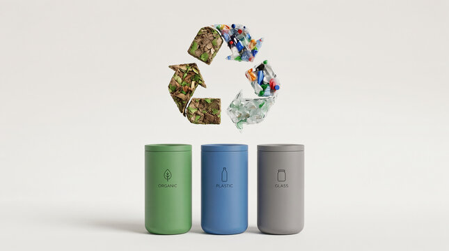Waste separation. Recycling sign above waste bins