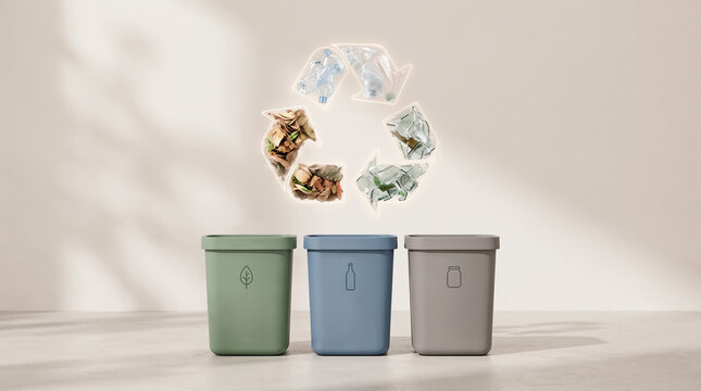 Waste separation. Recycling sign above waste bins