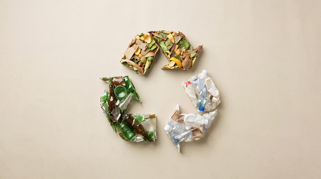 Waste separation. Recycling sign for organic waste, plastic, and glass