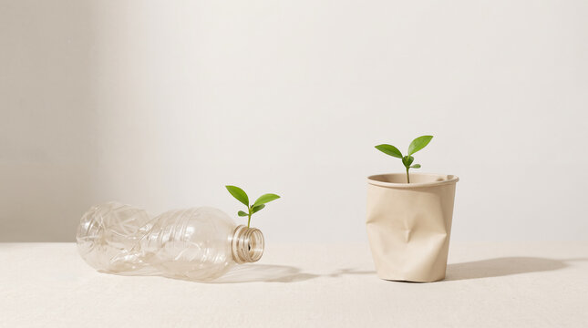 A green plant growing from plastic and paper, waste recycling concept