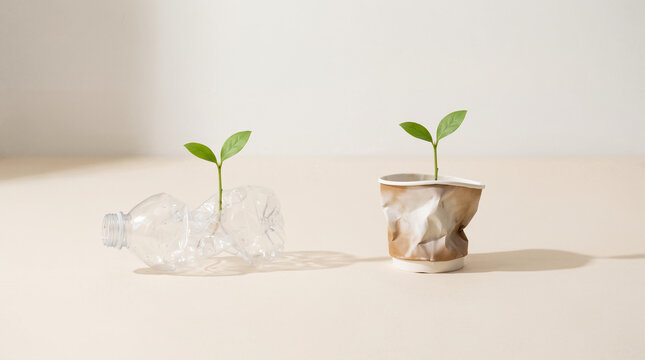 A green plant growing from plastic and paper, waste recycling concept