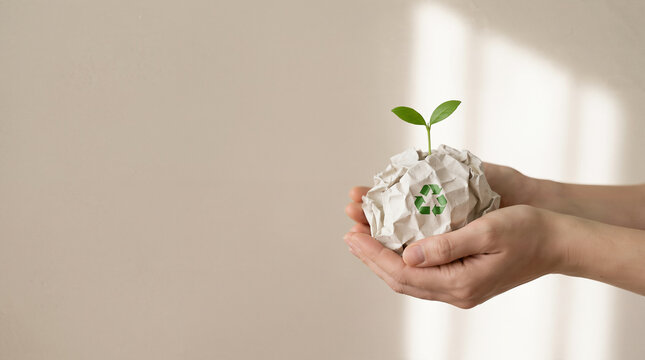 Green plant growing from paper waste concept of waste recycling