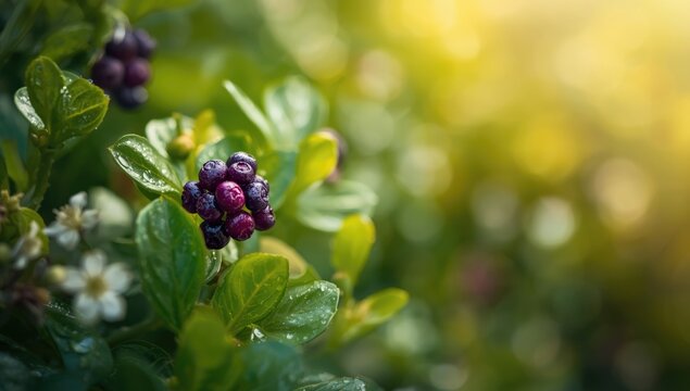 Ripe Berries Among Green Leaves in Soft Natural Light