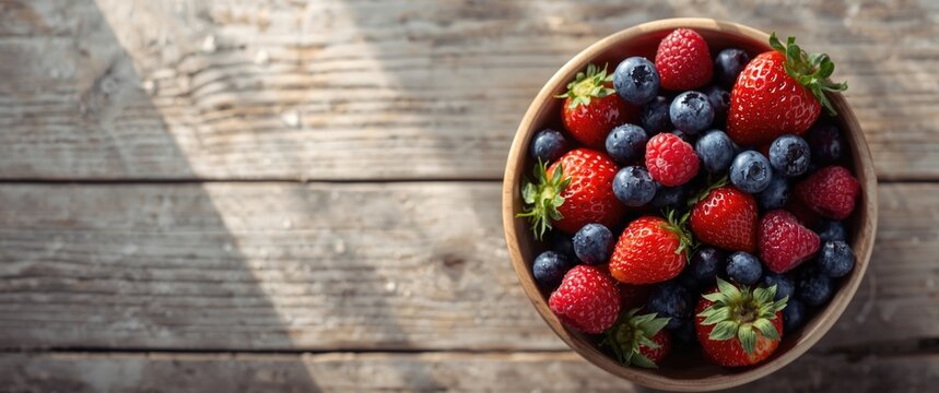 Fresh Strawberries and Blueberries in a Wooden Bowl on a Rustic Table