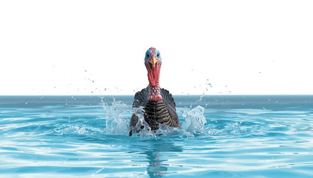 Turkey Splashing in Turquoise Water with White Background