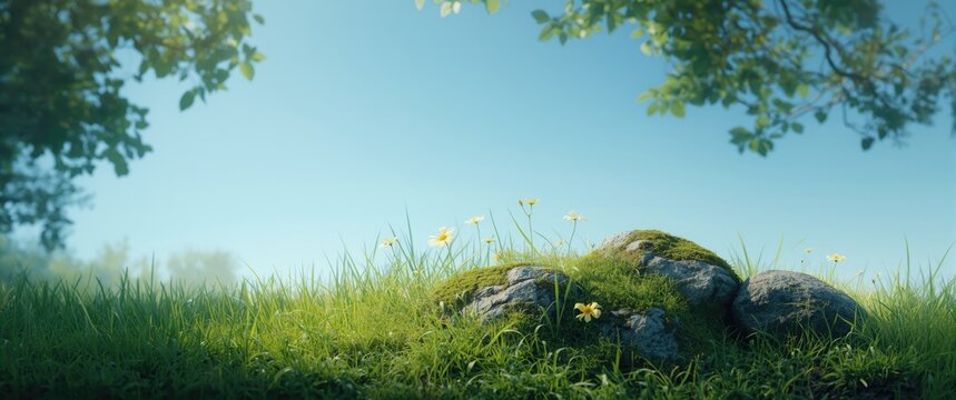 Sunlit Rocky Outcrop Surrounded by Wildflowers - Lush Green Meadow, Clear Sky, Peaceful Atmosphere