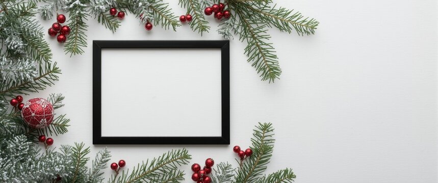 Black Picture Frame Surrounded by Evergreen Branches and Red Berries on White Background