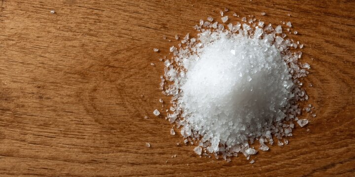 Heap of Coarse Sea Salt on a Wooden Surface