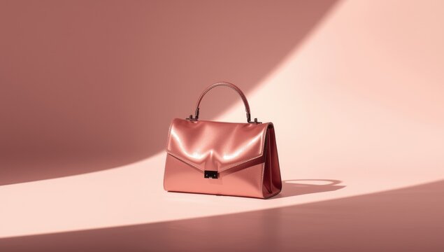 Shiny Rose Gold Handbag on Soft Pink Background with Dramatic Lighting